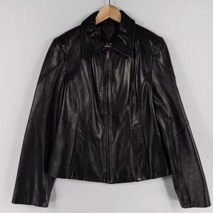 100% Leather Jacket Womens M/L Black Leather Zip Up Lined Collared Pockets